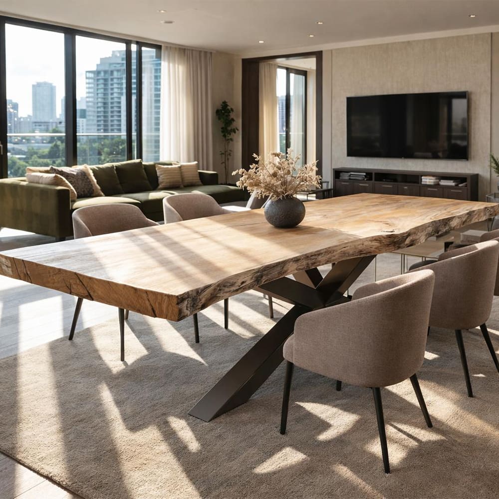 Eiken schaaldeel boomstamtafel 310cm bovenaanzicht - Grotetafel.nl