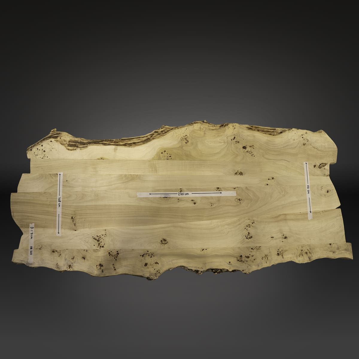 Europees iepenhout boomstamtafel 270cm bovenaanzicht - Grotetafel.nl
