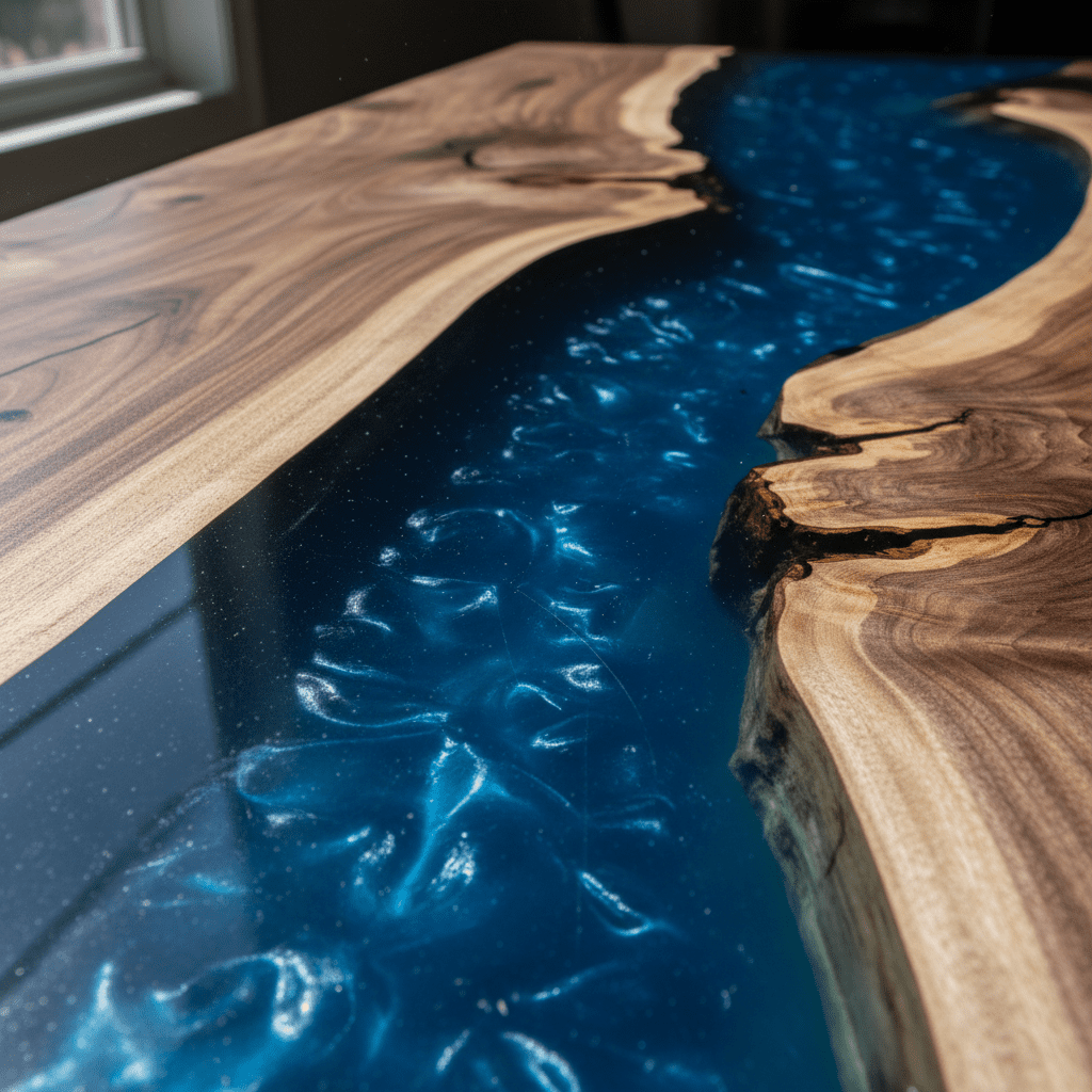 Close-up van een epoxy rivertable met blauw hars en natuurlijk hout