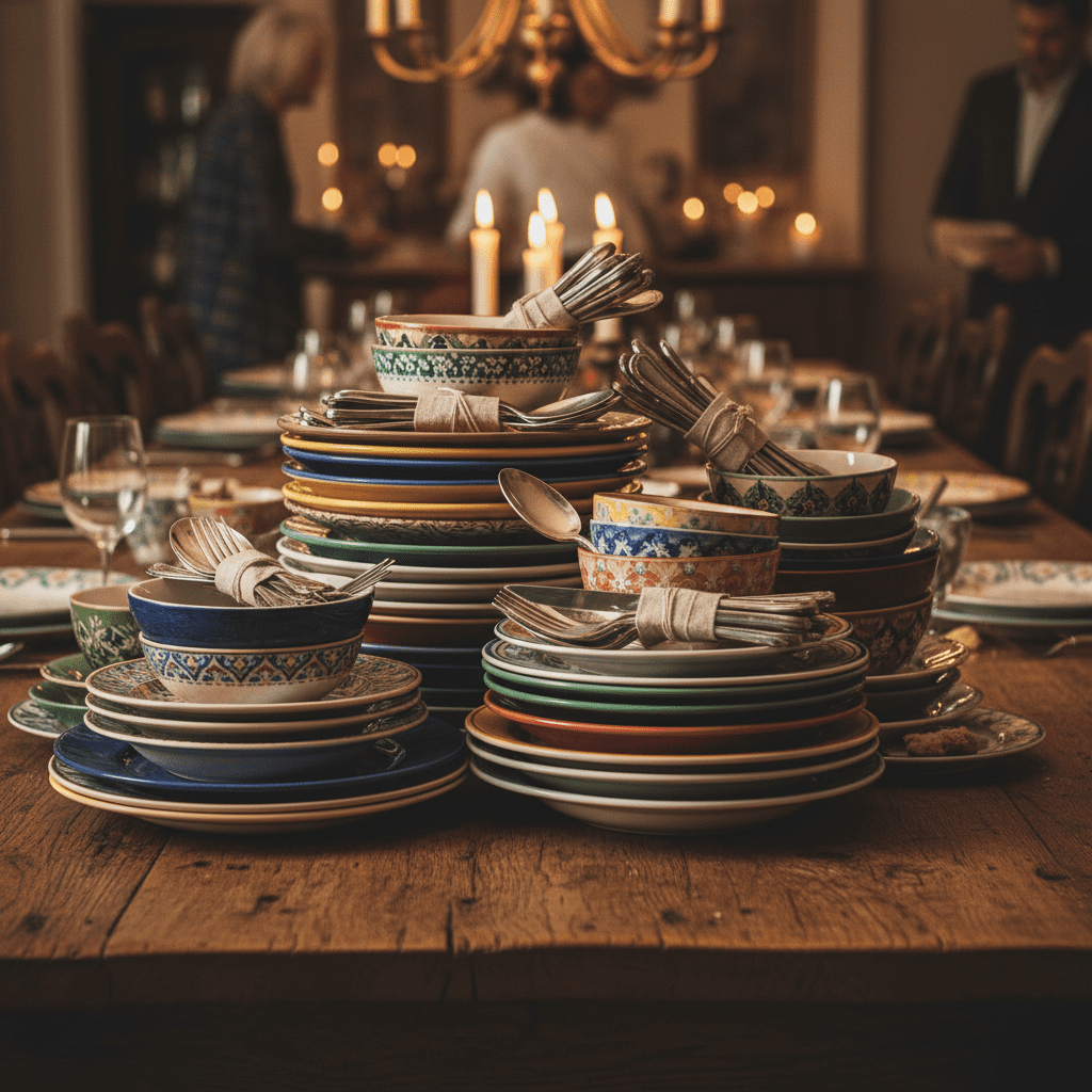Grote stapel borden en bestek op een massief houten familietafel