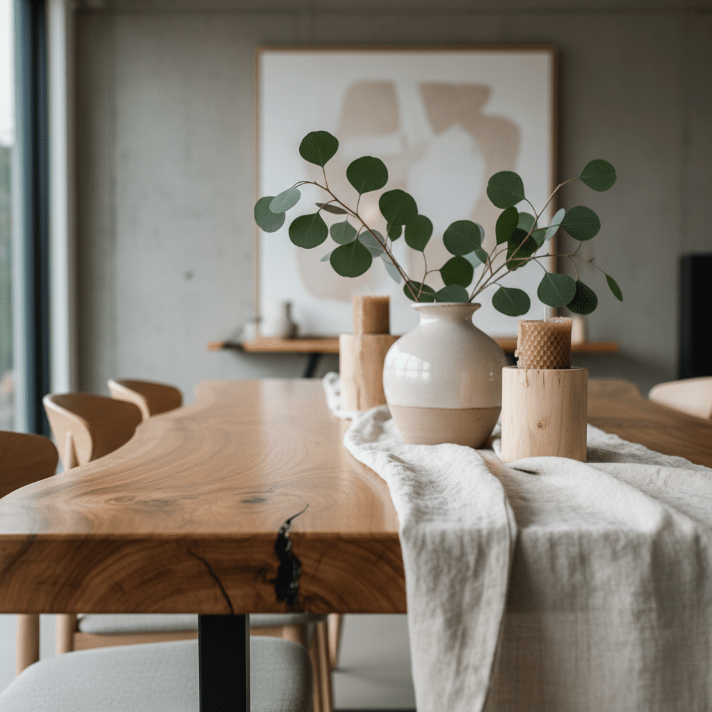 Gestylde boomstamtafel in modern interieur met vaas en kaarsen